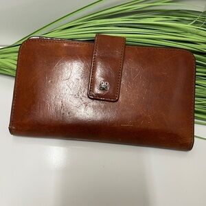 Vintage Bosca Womens Old Leather 7" Clutch Checkbook Bifold Wallet Snap Amber